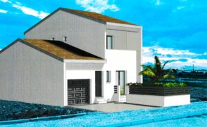 Maison contemporaine avec toit en pente et garage intégré sous un ciel bleu nuageux