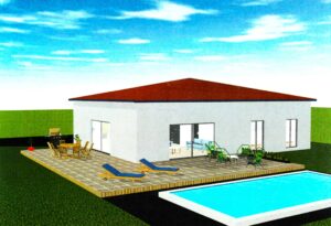 Maison de plain-pied moderne avec terrasse et piscine sous un ciel bleu parsemé de nuages