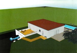 Maison moderne de plain-pied avec patio, voiture en stationnement et piscine à Perpignan, Occitanie
