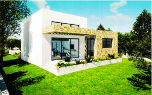 Maison moderne cubique avec mur en pierre et grandes baies vitrées entourée d'un jardin verdoyant