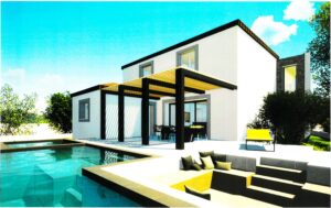 Maison contemporaine à deux étages avec terrasse offrant une vue sur le paysage rura